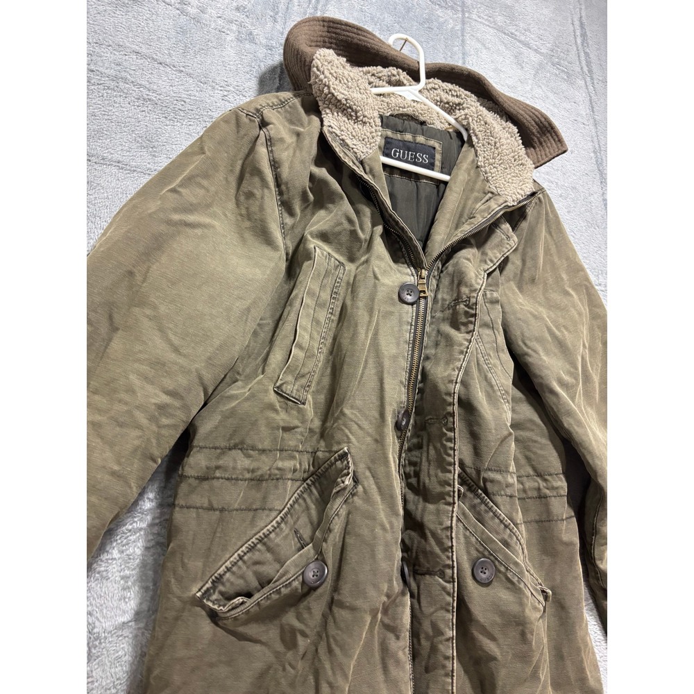 Guess Womens M Olive Green Hooded Parka Jacket Sherpa Lined Vintage Casual Cozy - Picture 9 of 10